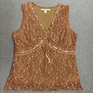 Merona Women’s Lace Sleeveless Blouse Top Brown Tie Front Size Medium